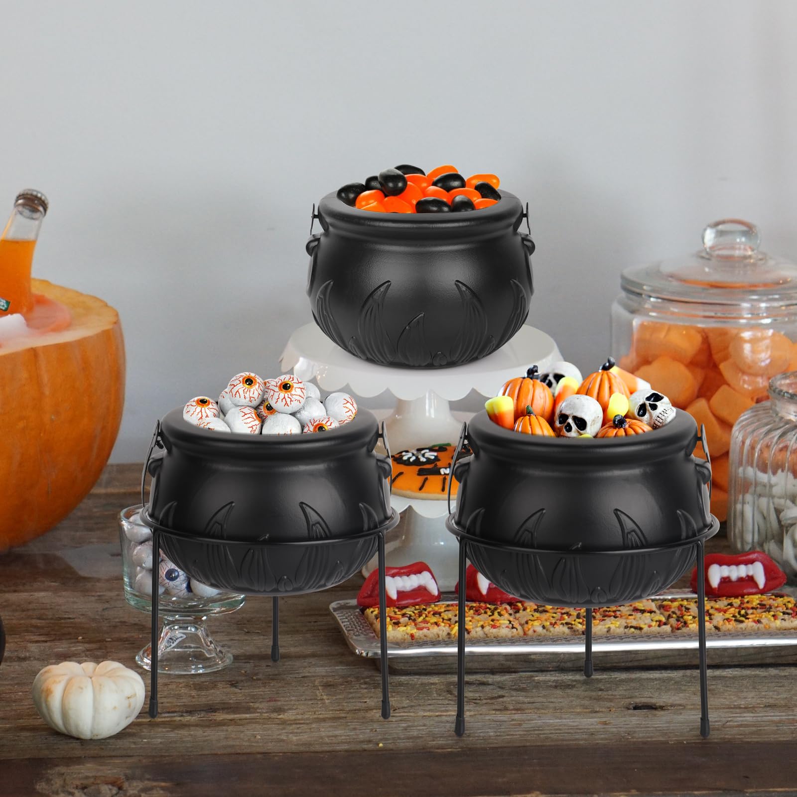 Halloween Decor Witches Cauldron Halloween Candy Bowl Serving Dishes Set of 3 Black Plastic Cauldron with Iron Rack Halloween Cauldron Candy Bucket Punch Bowls for Indoor Outdoor Party Decorations