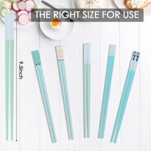 Chopsticks Reusable Dishwasher Safe, GLAMFIELDS 5 Pairs 9.5 Inches Premium Chop Sticks Set for Sushi, Ramen, Asian Cuisine, Matte Non-slip with Gift Case, Light Blue