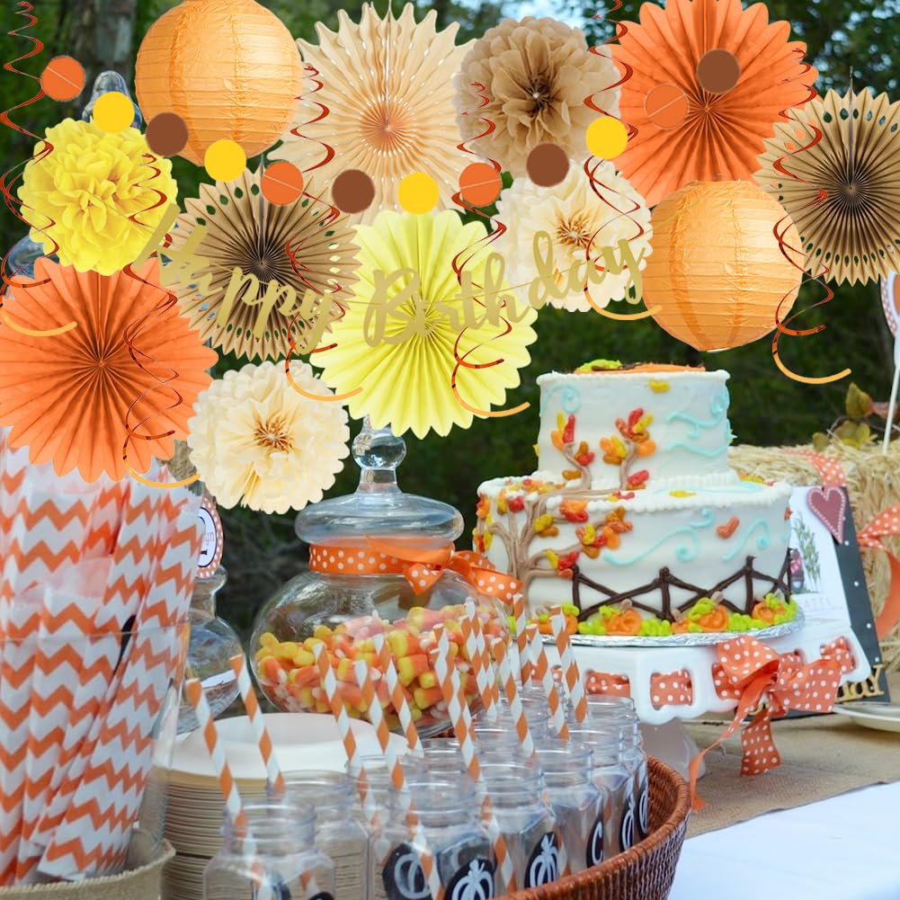 Fall Birthday Decorations Girl Rustic Nature Autumn Birthday Party Decorations Paper Fans Brown Orange Cream Tissue Pom Poms Lanterns with Happy Birthday Banner Gold Paper Circle Garland for Women