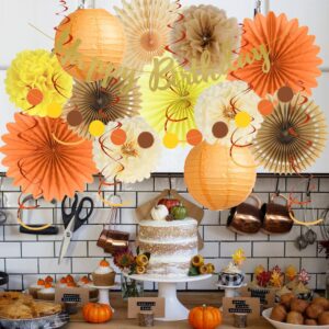 Fall Birthday Decorations Girl Rustic Nature Autumn Birthday Party Decorations Paper Fans Brown Orange Cream Tissue Pom Poms Lanterns with Happy Birthday Banner Gold Paper Circle Garland for Women