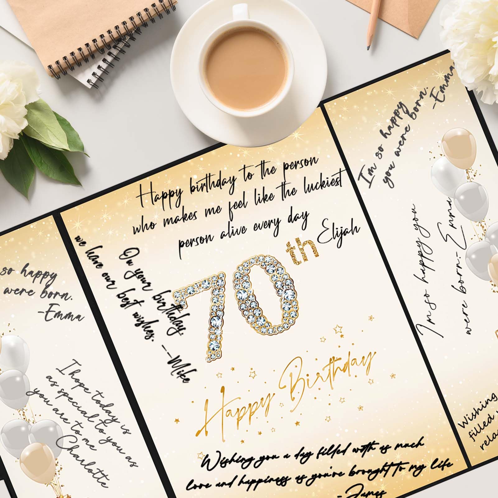 Crenics 70th Birthday Decorations Black and Gold, Creative 70th Birthday Guest Book Alternative, 70th Birthday Signature Book 18 x 12 inch, Great 70th Birthday Gifts for Men or Women