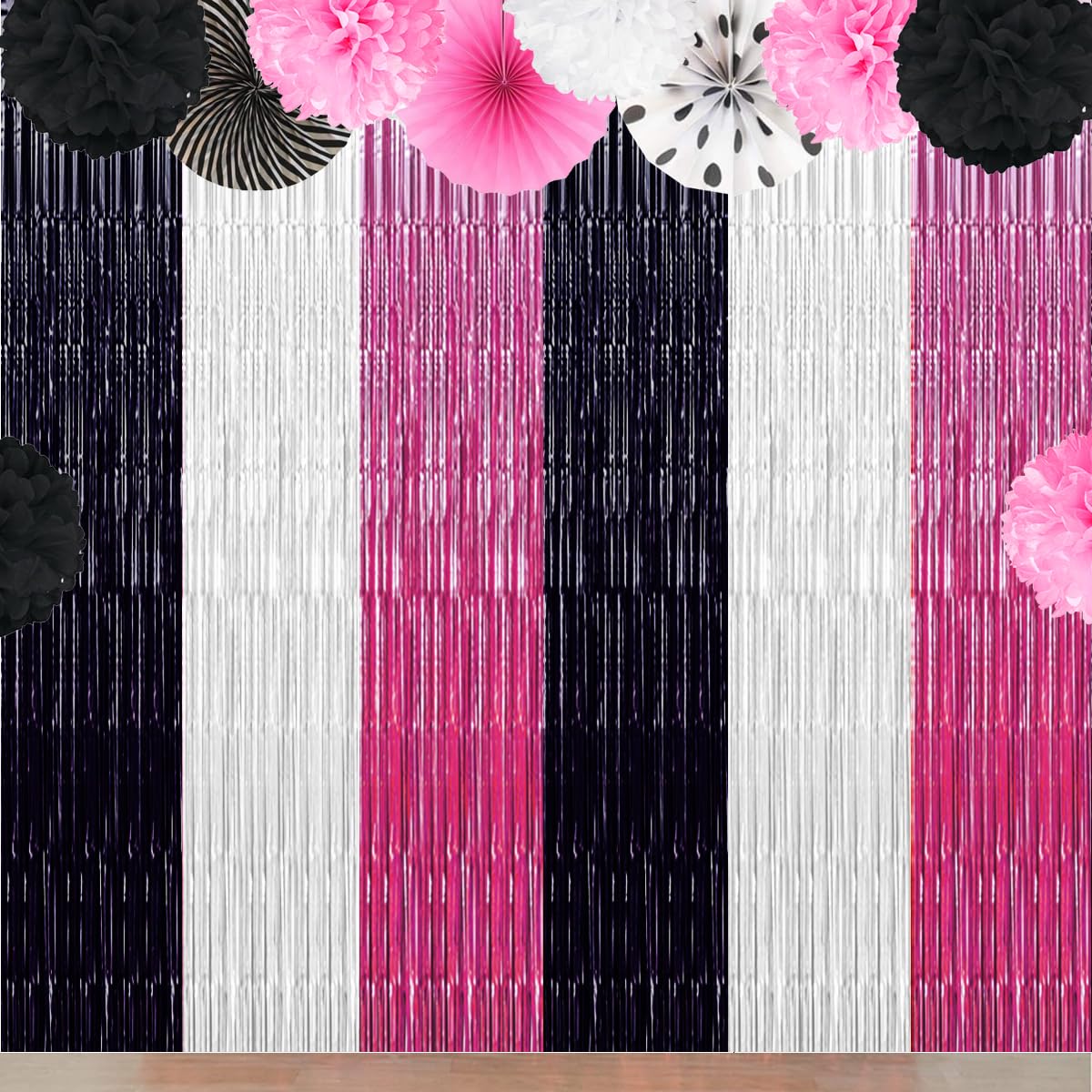 Pink Halloween Party Decorations, 3 Packs Pink Black White Backdrops Streamer Foil Fringe Tinsel Curtains, Cow Print Photo Booth Props for Girl Halloween Cow Print Birthday Party Decorations