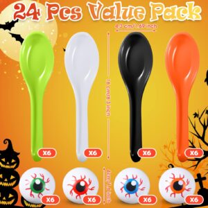 Liliful 24 Pcs Halloween Egg and Spoon Race Game Eyeball Spoon and Spoon Race Game Set for Halloween Party Favor Supplies Adults Indoor Outdoor Classroom Activities(Blue, Orange, Red, Green)