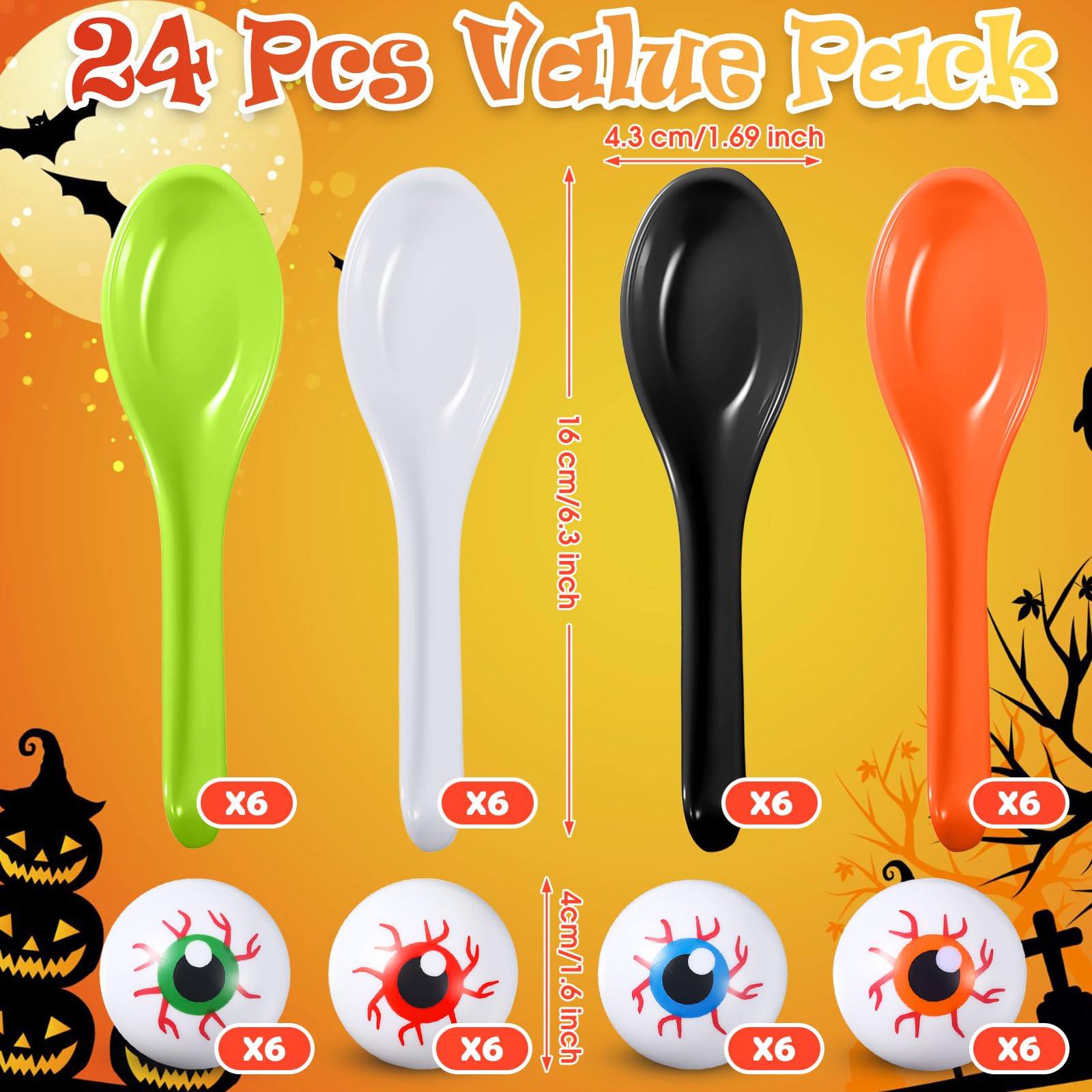 Liliful 24 Pcs Halloween Egg and Spoon Race Game Eyeball Spoon and Spoon Race Game Set for Halloween Party Favor Supplies Adults Indoor Outdoor Classroom Activities(Blue, Orange, Red, Green)