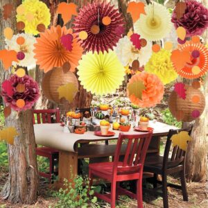 Fall Party Decorations Orange Burgundy Paper Fans Yellow Paper Pom Poms Paper Lanterns Maple Leaf Garland Circle Dot for Autumn Harvest Birthday Fall Bridal Shower Baby Shower Thanksgiving Party Decor