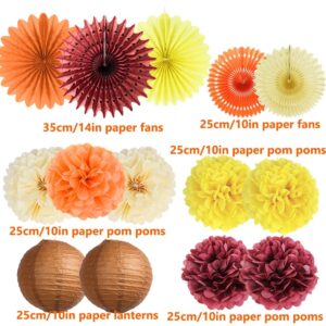 Fall Party Decorations Orange Burgundy Paper Fans Yellow Paper Pom Poms Paper Lanterns Maple Leaf Garland Circle Dot for Autumn Harvest Birthday Fall Bridal Shower Baby Shower Thanksgiving Party Decor