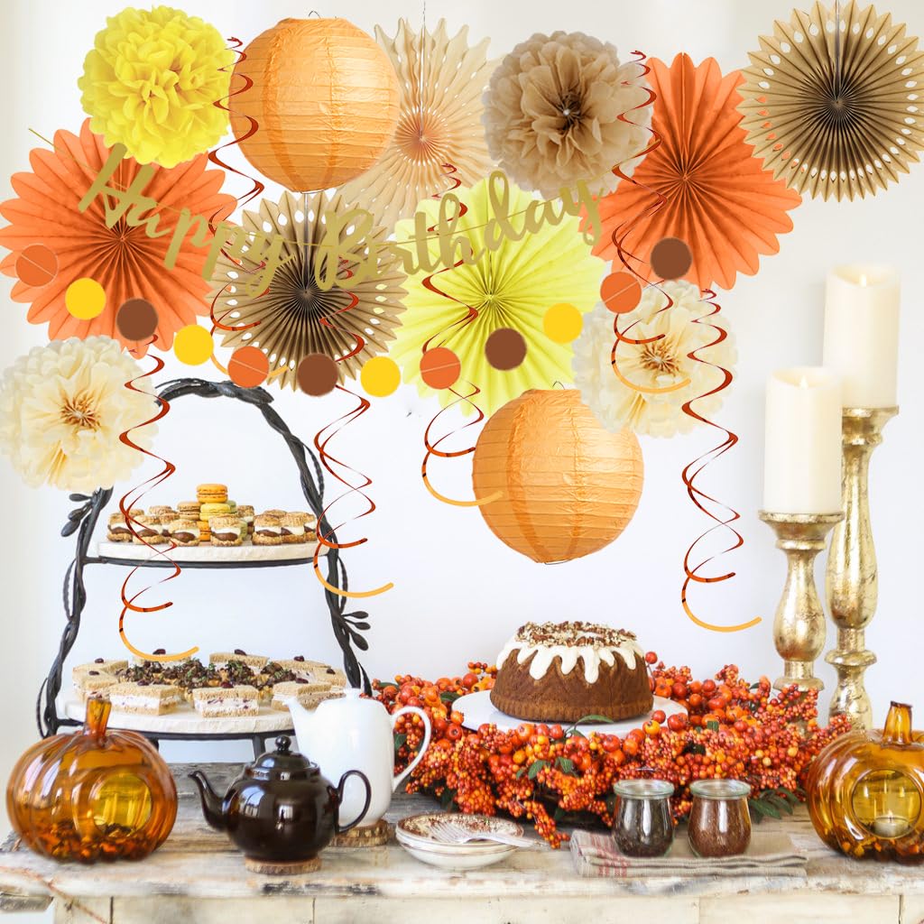 Fall Birthday Decorations Girl Rustic Nature Autumn Birthday Party Decorations Paper Fans Brown Orange Cream Tissue Pom Poms Lanterns with Happy Birthday Banner Gold Paper Circle Garland for Women