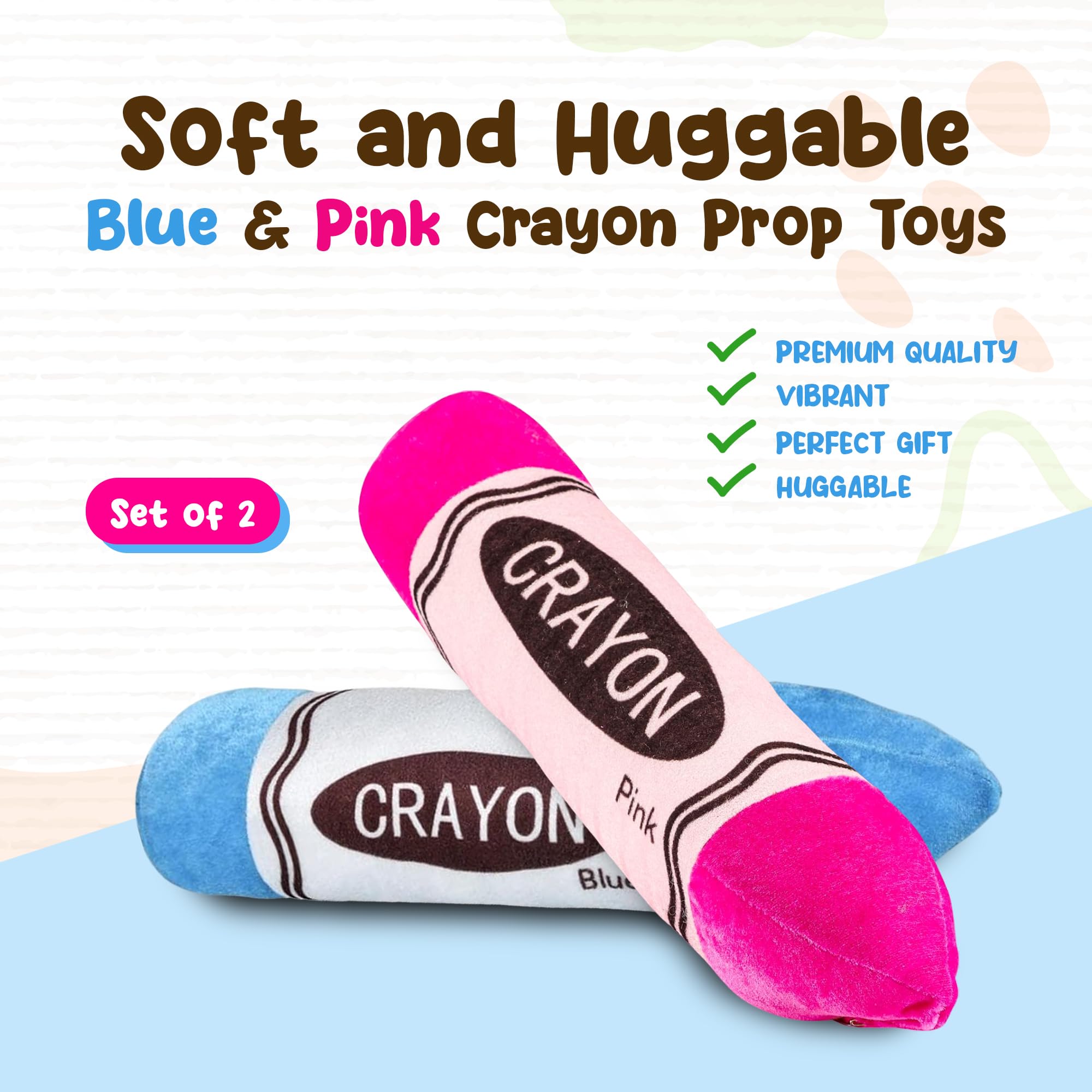 Forest & Twelfth 14” Stuffed Crayons 2Pcs Crayon Plush Toy Set - Soft and Huggable Blue and Pink Crayon Prop Toys for Imaginative Play and Learning, Comfy Pencil Pillow Plush