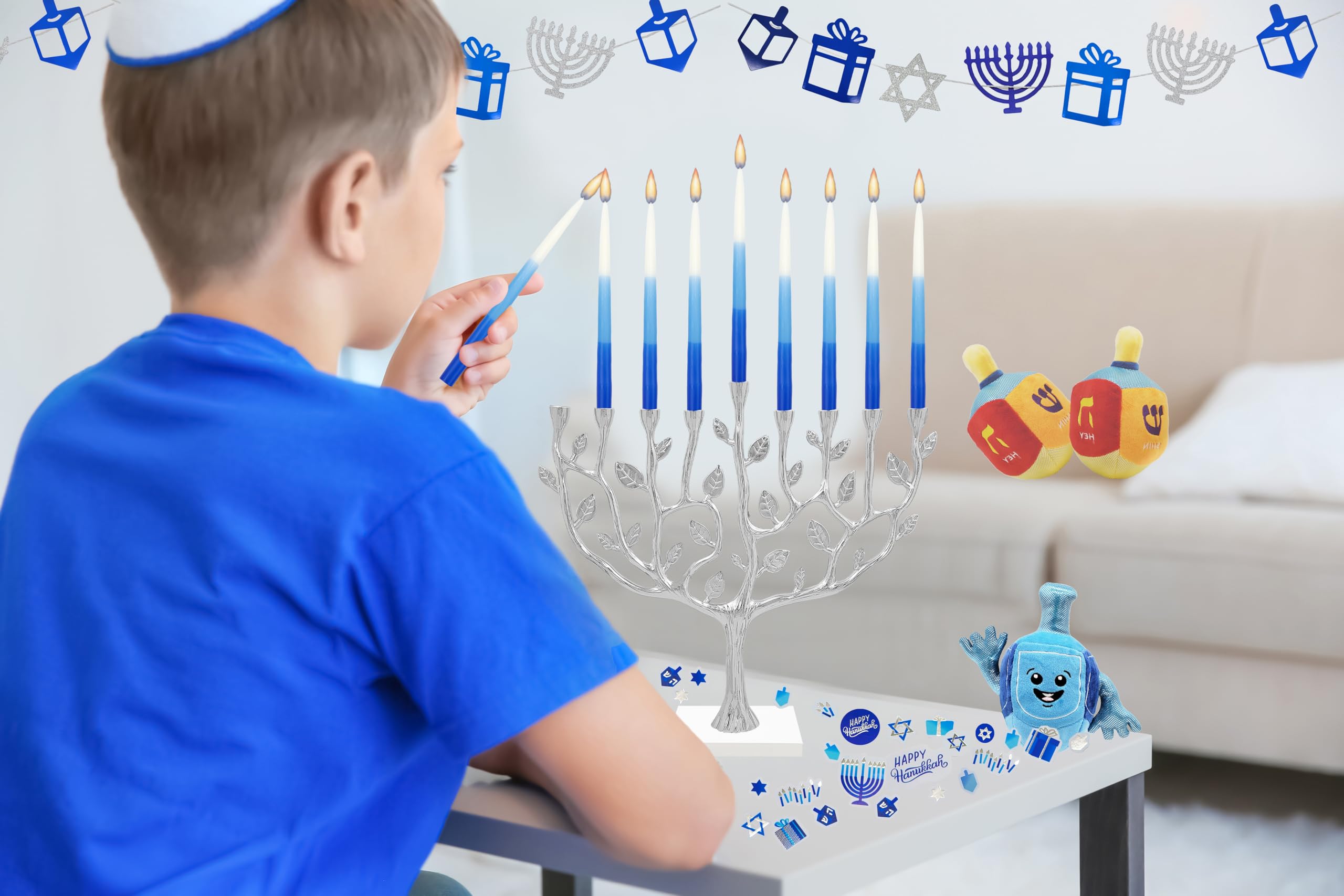 The Dreidel Company Deluxe Tapered Hanukkah Menorah Tri Color Blue, Blue, and White, Candles for All 8 Nights of Chanukah (Single)