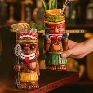 SUN GKOTTA Cocktail Tiki Mugs Set Of 4 - Exotic Mug With 4 Coasters And 4 Straws，Cute Ceramic Hawaiian Style Cocktail Glasses For Party And Tropical Tiki Bar，Mai Tai Cocktail Drinkware (Glossy)