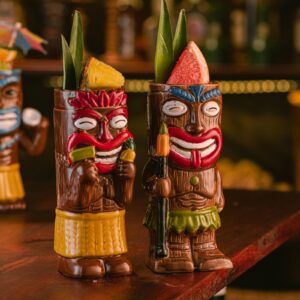 SUN GKOTTA Cocktail Tiki Mugs Set Of 4 - Exotic Mug With 4 Coasters And 4 Straws，Cute Ceramic Hawaiian Style Cocktail Glasses For Party And Tropical Tiki Bar，Mai Tai Cocktail Drinkware (Glossy)