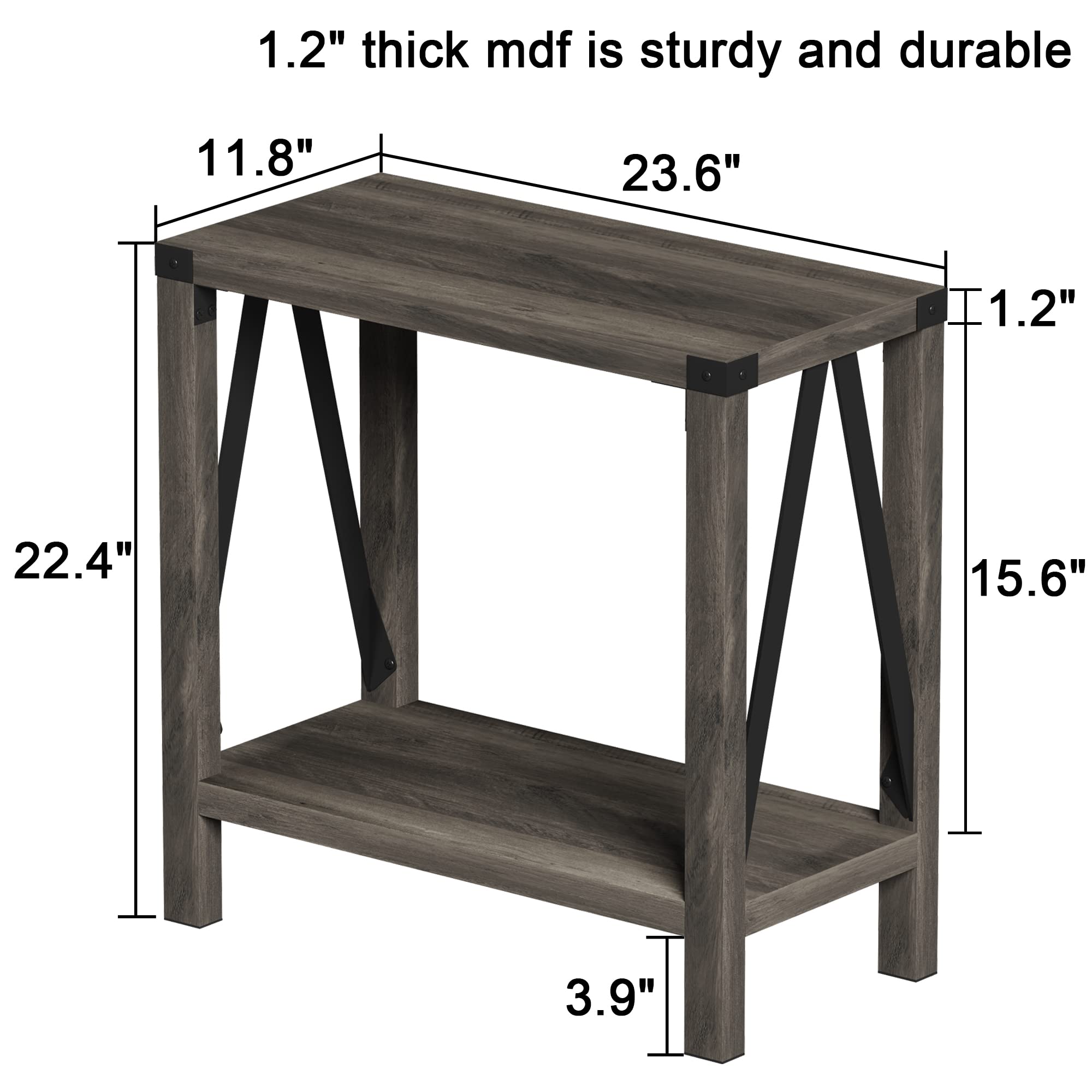 ChooChoo Farmhouse End Table for Small Spaces, Narrow Side End Table with Storage Shelf, Rustic A-Design Nightstand Sofa Table for Living Room, Bedroom (Grey) 2 Pack