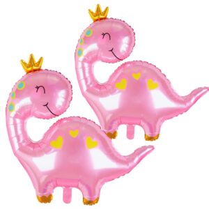 pink dinosaur balloons girls dinosaur balloons, 38 inch big foil mylar dino balloon with crown for kids girls dinosaur theme princess birthday baby shower party decorations supplies dino party decor