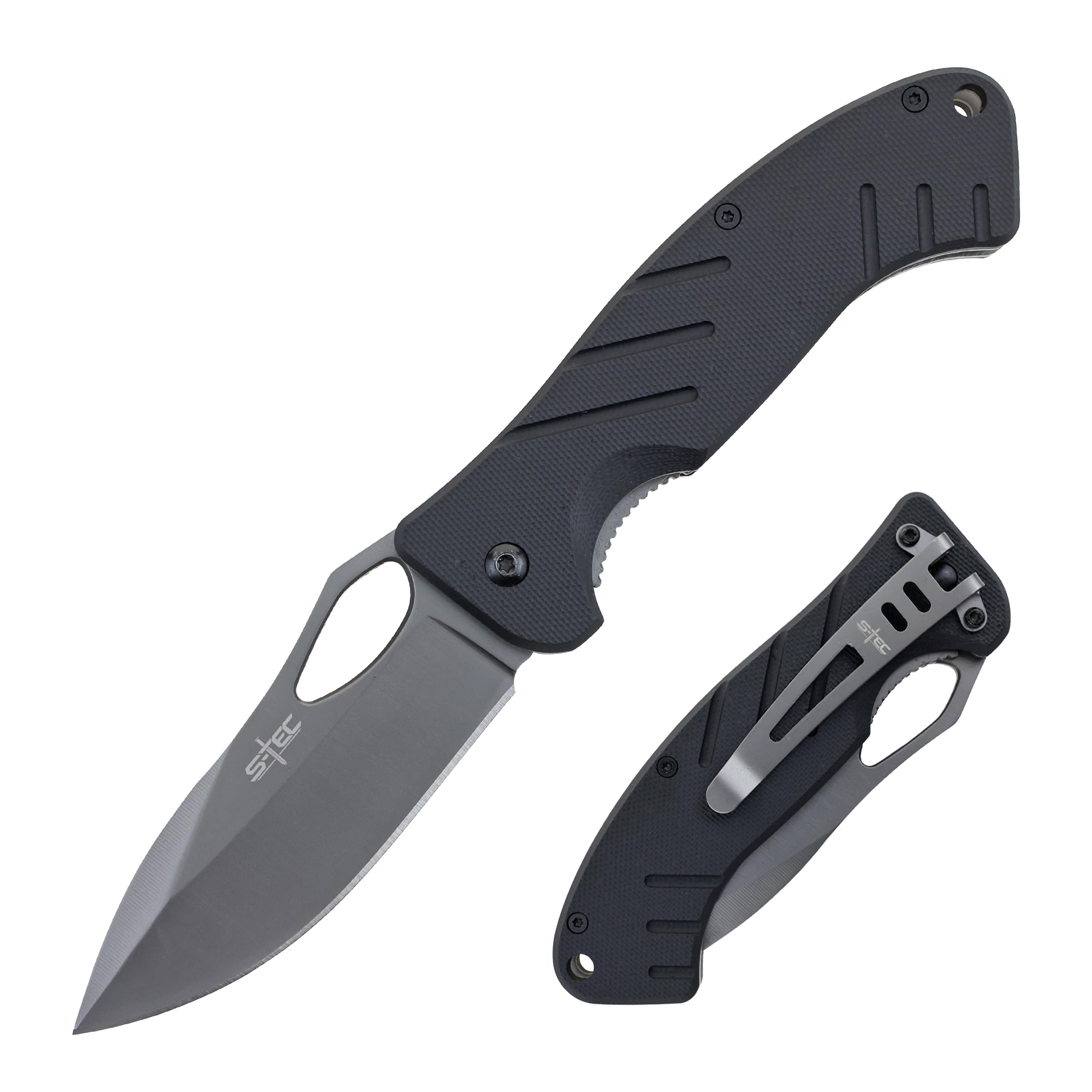 S-TEC Pocket Folding Knife with G10 Handle w/Pocket Clip, 3.35 inch 440 Stainless Steel Blade, 8.0 inch overall length, EDC Knife, Manual Operation, Smooth Nylon Pivot Washer, TS018 (Black)