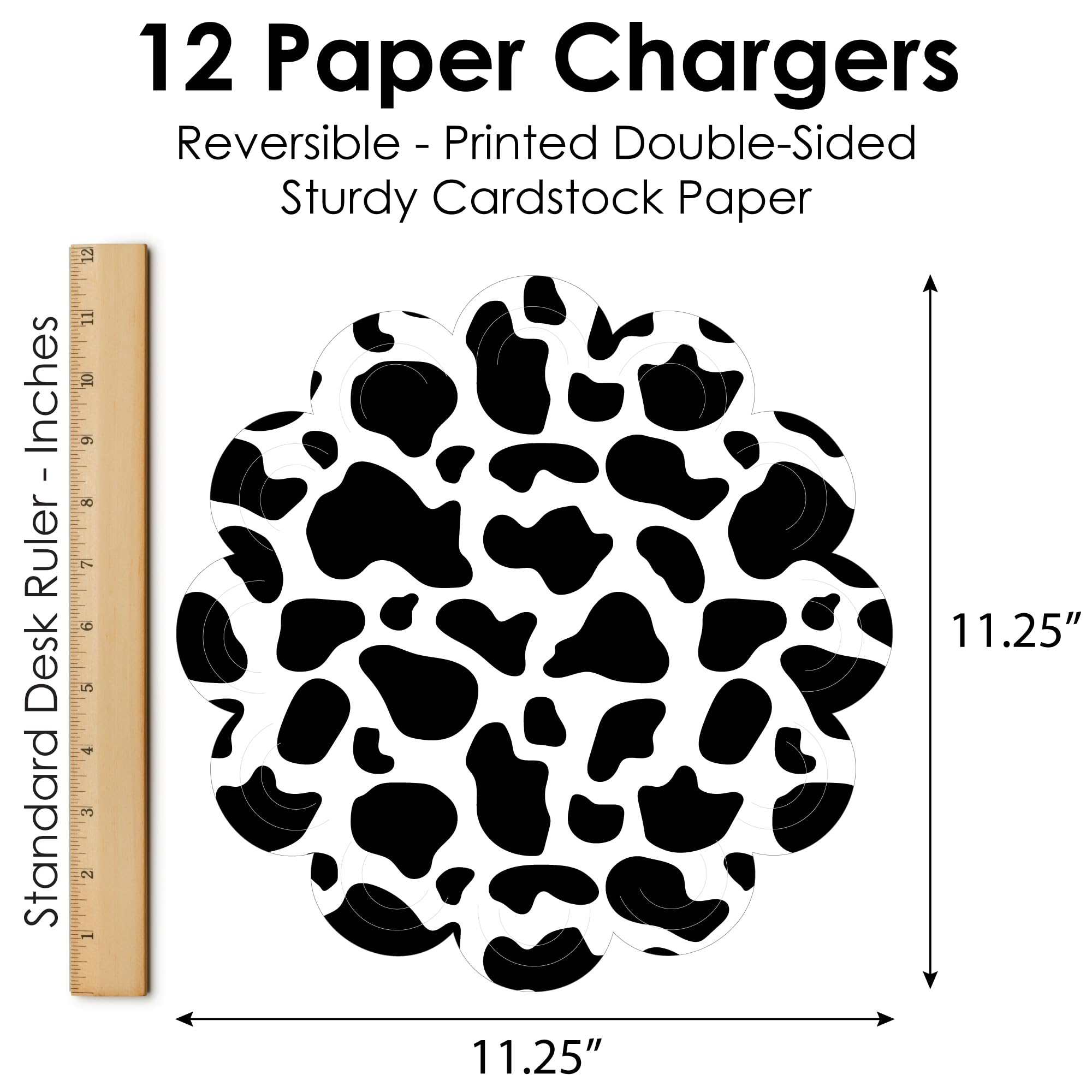 Big Dot of Happiness Cow Print - Farm Animal Party Round Table Decorations - Paper Chargers - Place Setting For 12