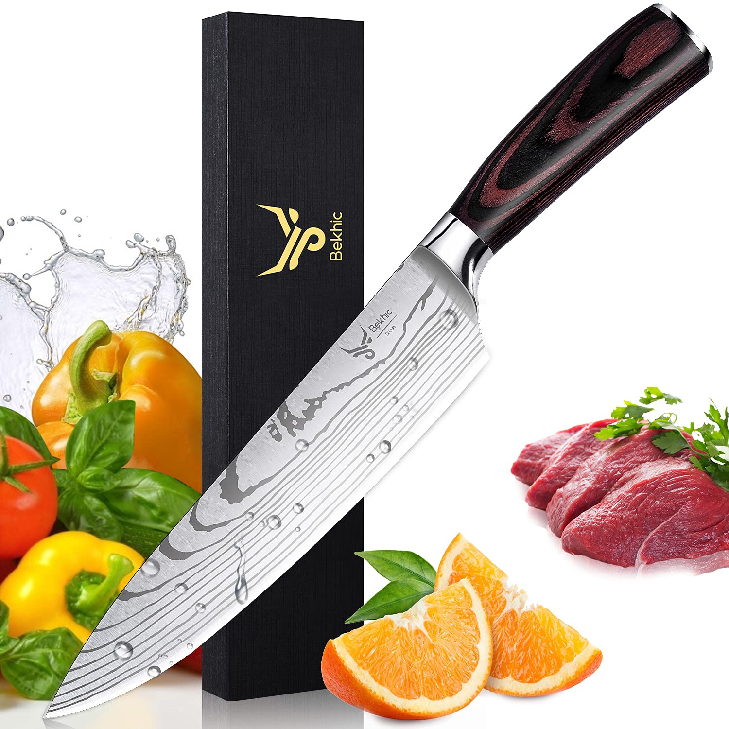 Bekhic Chef Knife - CKnife Pro Kitchen Knife 8-Inch Chef's Knife made of German High Carbon Stainless Steel ，Ergonomic Handle, Ultra Sharp