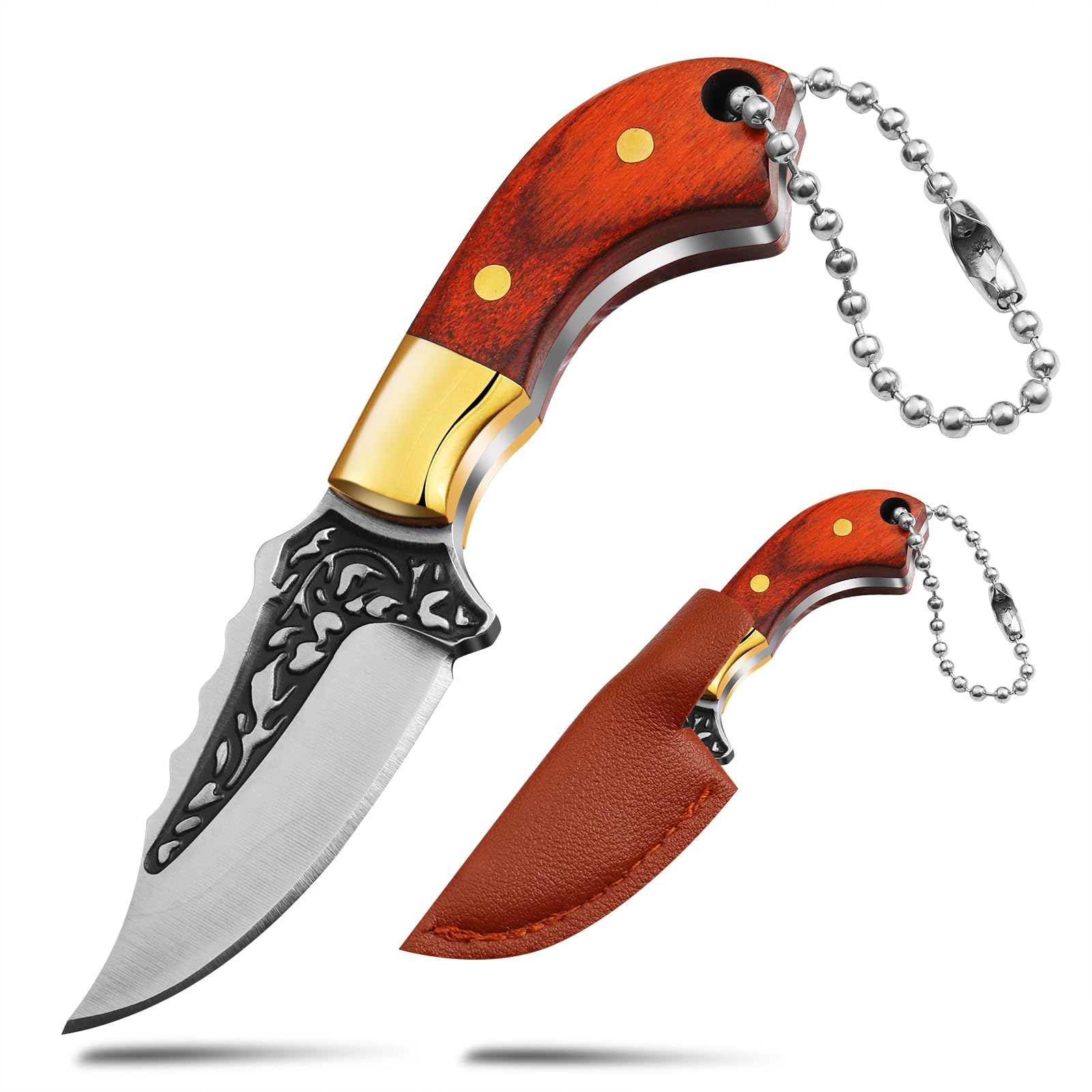 Coowolf Mini Keychain Knife, 3.35 Inch Stainless Steel Fixed Blade Knife with Leather Sheath, Wood Handle EDC Tiny knife for Everyday Use or Collection