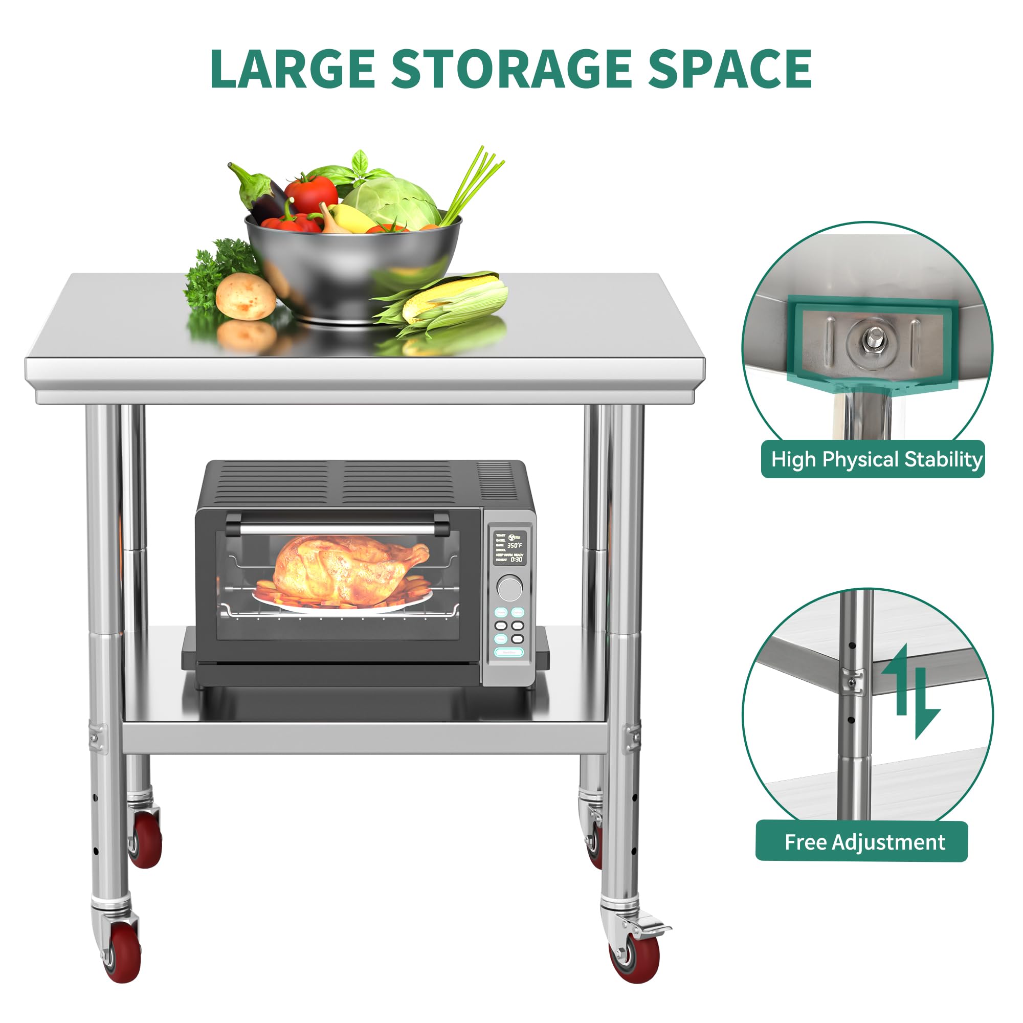 YITAHOME NSF Stainless Steel Table, 30" X 24" Work Table with Wheels, 2 Shelves Metal Table Prep Table for Home Kitchen Restaurant Garage Warehouse Outdoor