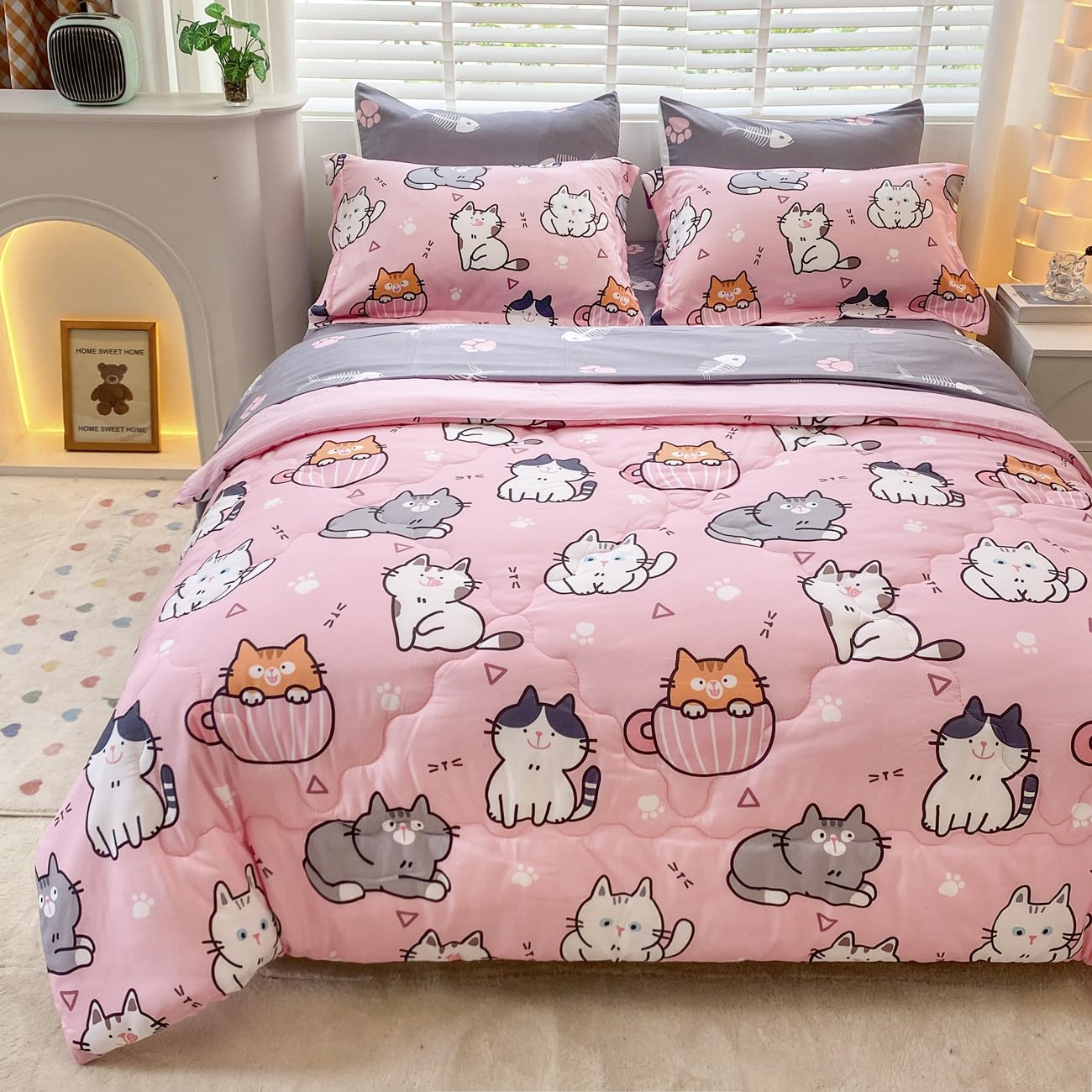 Gusuhome 7 Piece Girls Cats Comforter Set Twin Size Bed in A Bag Pink Cute Cartoon Pet Cat Bedding Set for Kids Boys Teens (1 Comforter, 1 Flat Sheet, 1 Fitted Sheet, 4 Pillow Sham) Gray