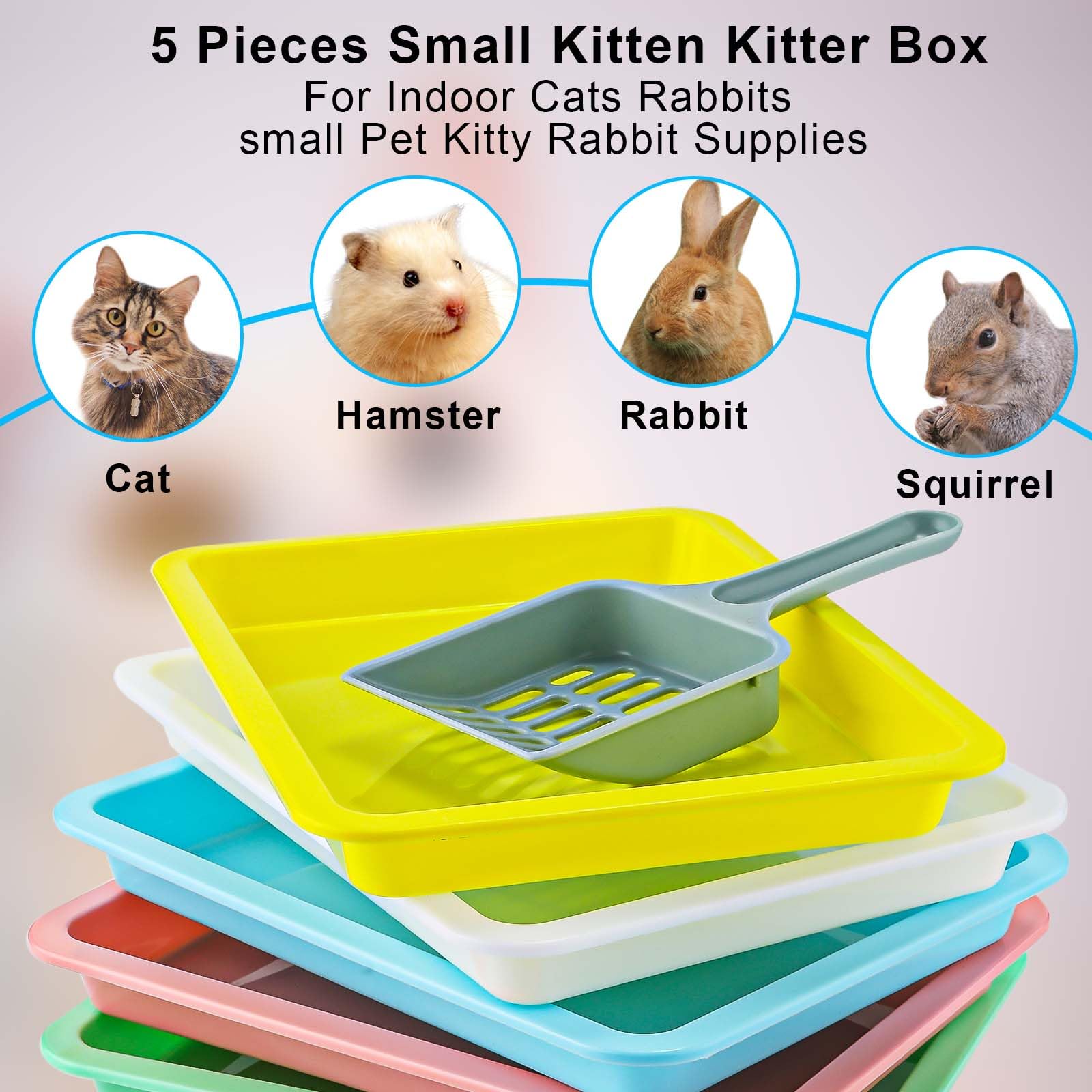 5pcs Kitten Litter Box, 9.65x7.28x0.98 inch Small Cat Litter Box with Litter Spatula Shallow Litter Pan Plastic Litter Tray Portable Cat Waste Tray Kitten Boxes for Indoor Cats Low Entry (5 Colors)