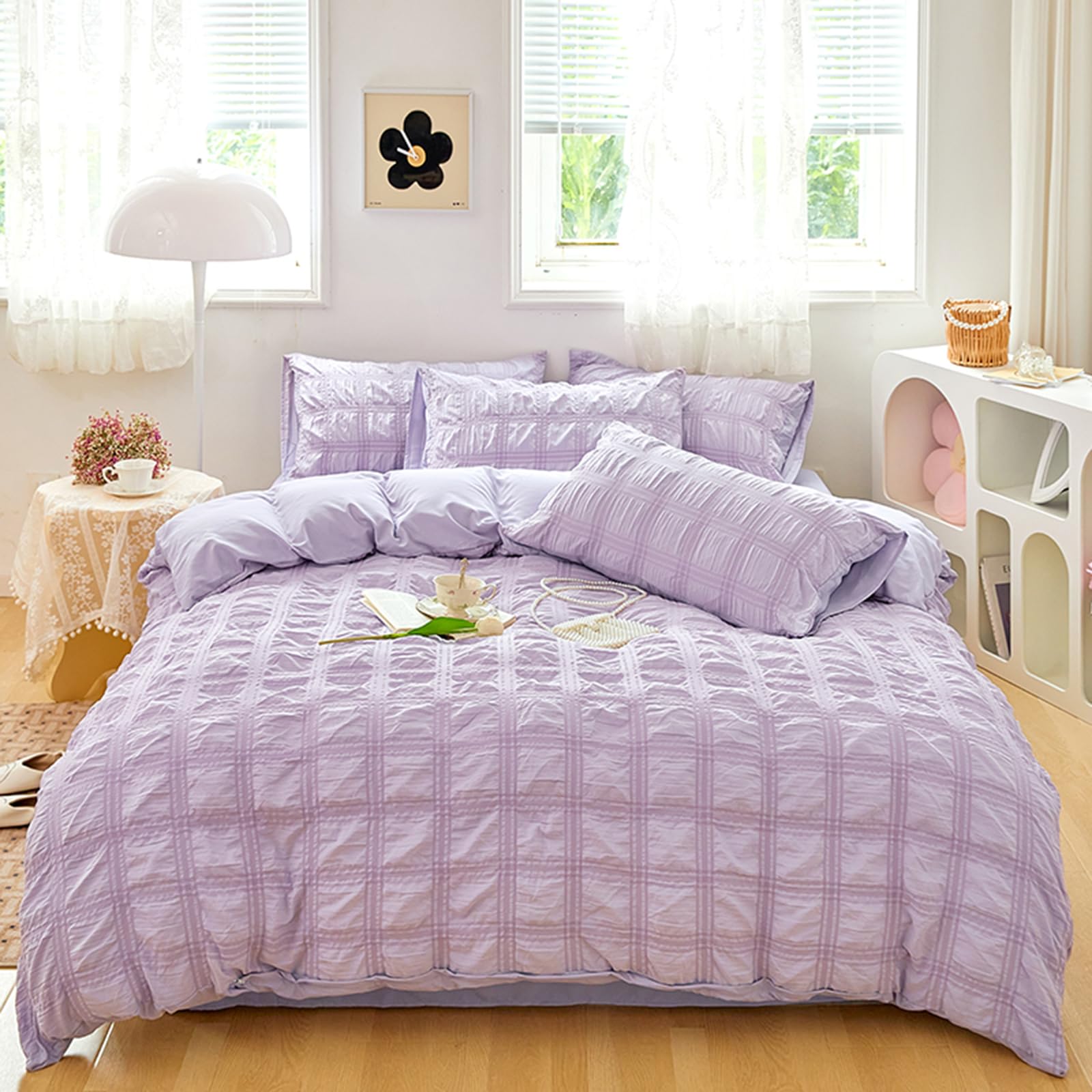 Beyeutao Seersucker Duvet Cover Set King Size Purple Seersucker Duvet Cover Modern Style Textured Bedding Set 3 pcs Breathable Lightweight Comforter Cover with Pillow Shams.