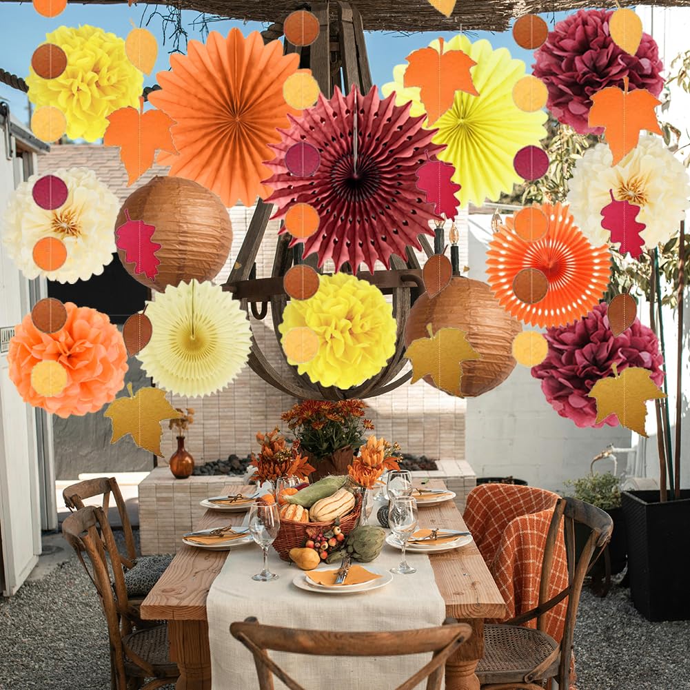 Fall Party Decorations Orange Burgundy Paper Fans Yellow Paper Pom Poms Paper Lanterns Maple Leaf Garland Circle Dot for Autumn Harvest Birthday Fall Bridal Shower Baby Shower Thanksgiving Party Decor