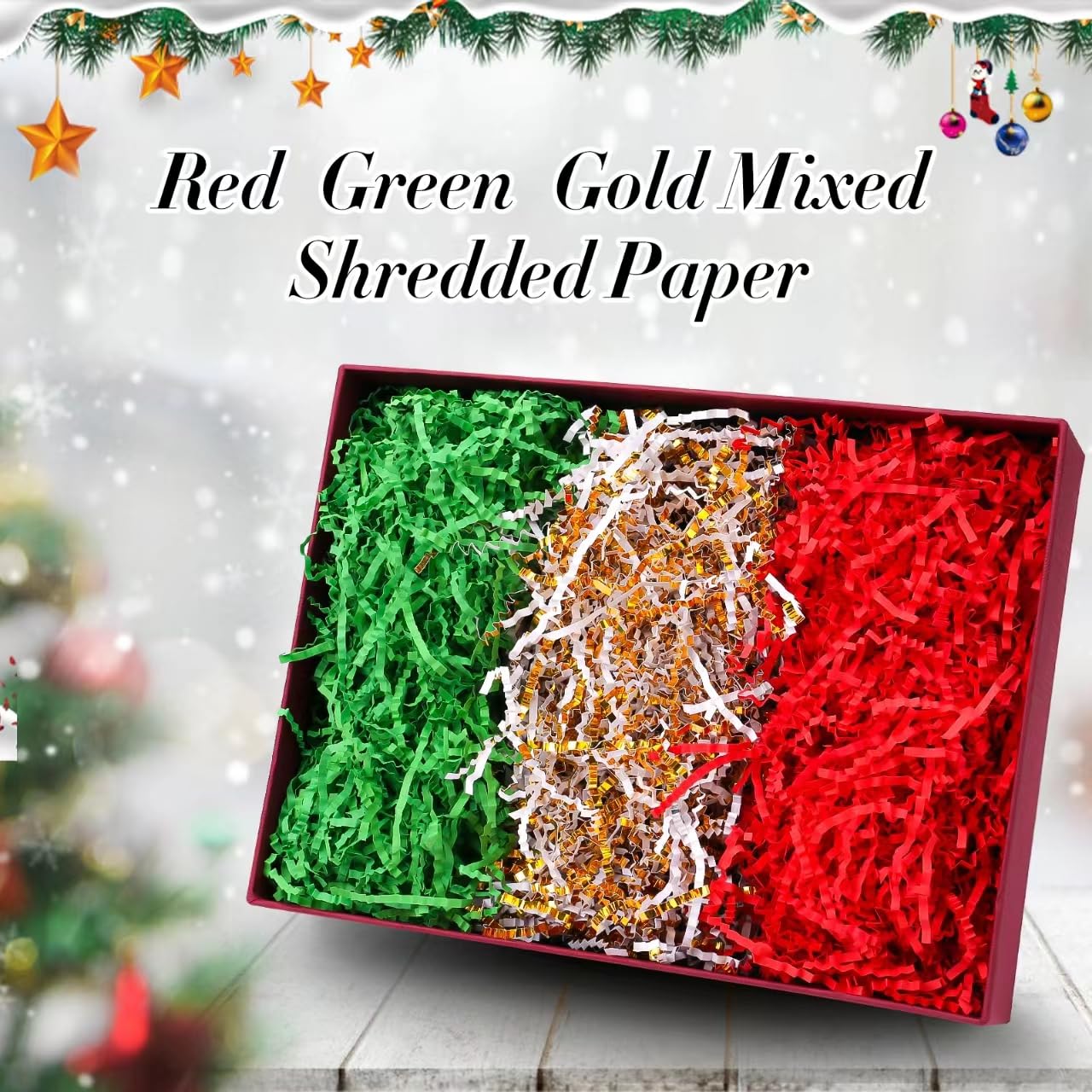 Christmas 300g/10.6oz Christmas Crinkle Cut Paper Shred, Xmas Red Green Gold Raffia Paper Confetti Shred Filler for Gift Baskets Box Filler Christmas Party Supply