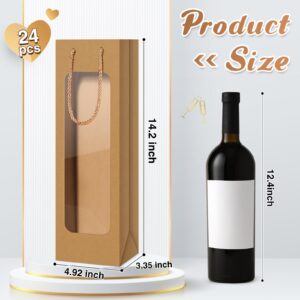 Tioncy 24 Pcs Wine Gift Bag Clear Window Wine Bags for Wedding Gifts Bottle Wine Bags with Handles Reusable Flower Wine Bags Bulk for Christmas Thanksgiving New Year Holiday Birthday(Brown)