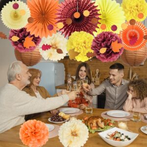 Fall Party Decorations Orange Burgundy Paper Fans Yellow Paper Pom Poms Paper Lanterns Maple Leaf Garland Circle Dot for Autumn Harvest Birthday Fall Bridal Shower Baby Shower Thanksgiving Party Decor