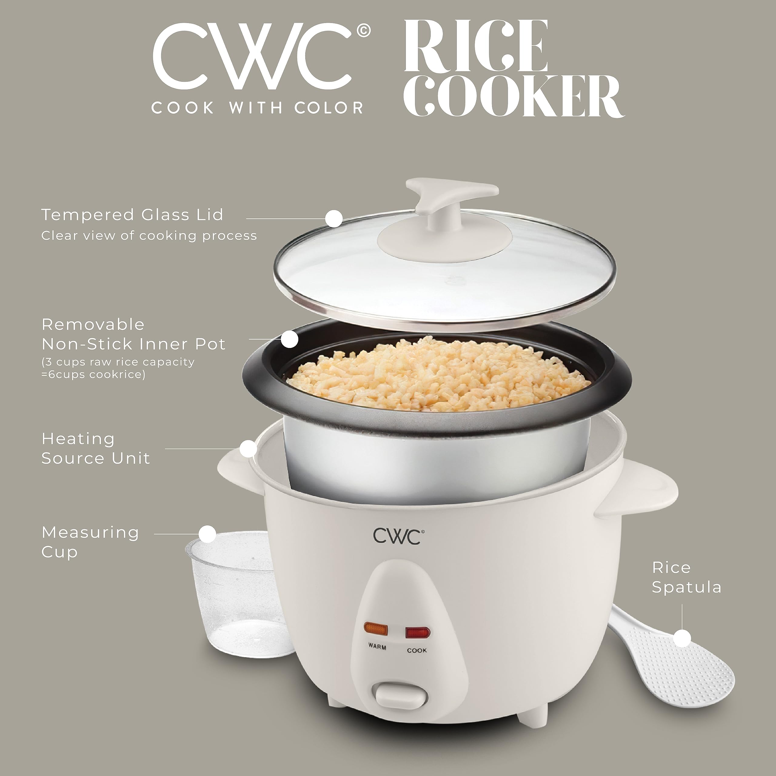 COOK WITH COLOR 6 Cup Rice Cooker 300W - Effortless Cooking and Greatly, Cooks 3 Cups of Raw Rice for 6 Cups of Cooked Rice, Cream