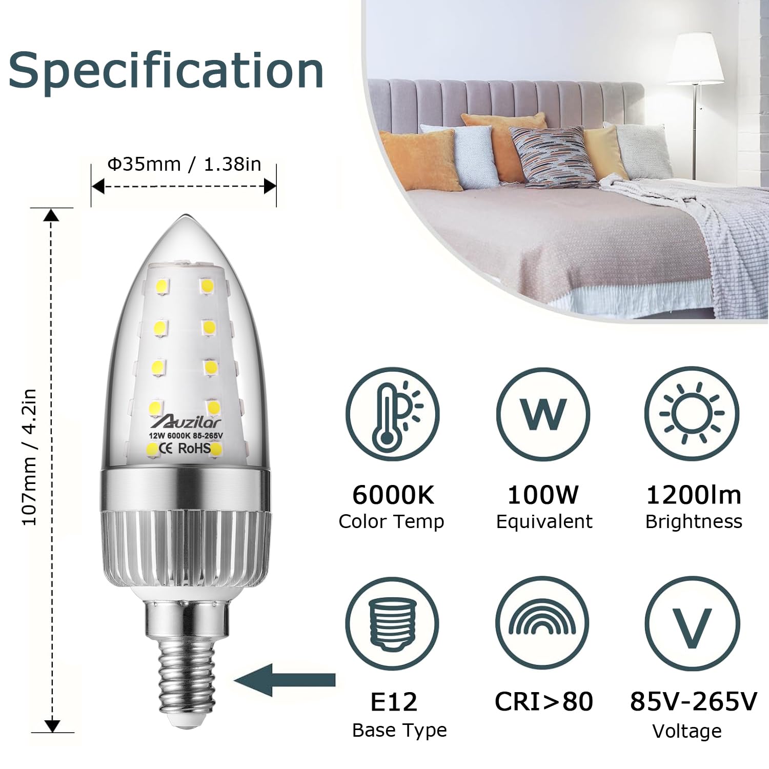 Auzilar E12 LED Light Bulbs, 12W LED Candelabra Bulbs 100 Watt Equivalent, 1200LM, 6000K Daylight White Ceiling Fan Light Bulbs, Decorative Candle Base E12 Non-Dimmable LED Chandelier Bulbs,Pack of 4