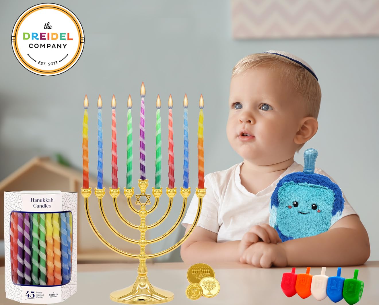 The Dreidel Company Deluxe Twisted Hanukkah Menorah Candles for All 8 Nights of Chanukah, Multicolor (Single)