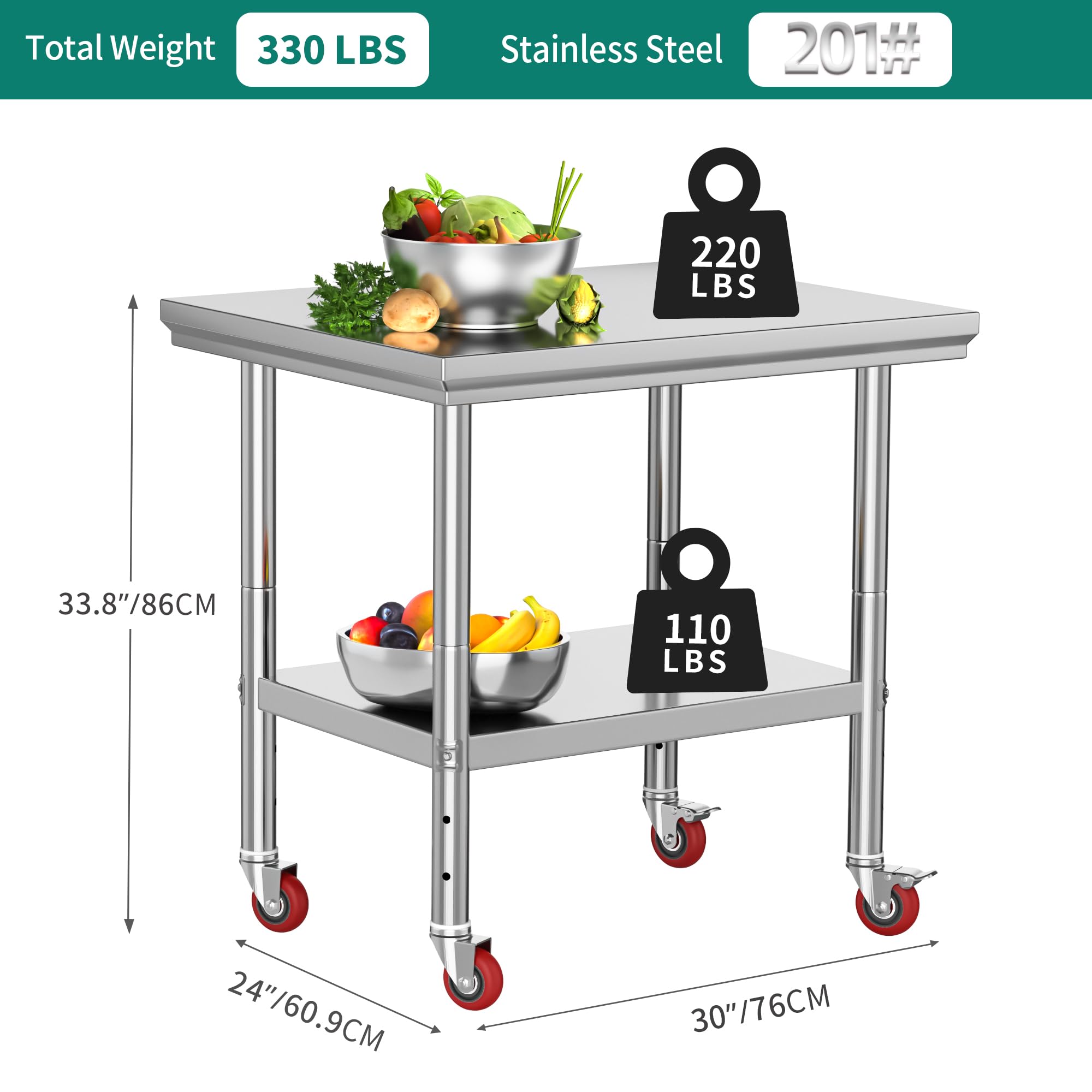 YITAHOME NSF Stainless Steel Table, 30" X 24" Work Table with Wheels, 2 Shelves Metal Table Prep Table for Home Kitchen Restaurant Garage Warehouse Outdoor