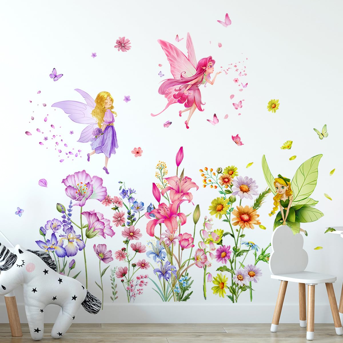 Supzone Flower Fairy Wall Stickers Butterfly Girl Wall Decals Removable Vinyl Wall Art Sticker for Girls Baby Nursery Kids Bedroom Living Room Bathroom Wall Decor Mural