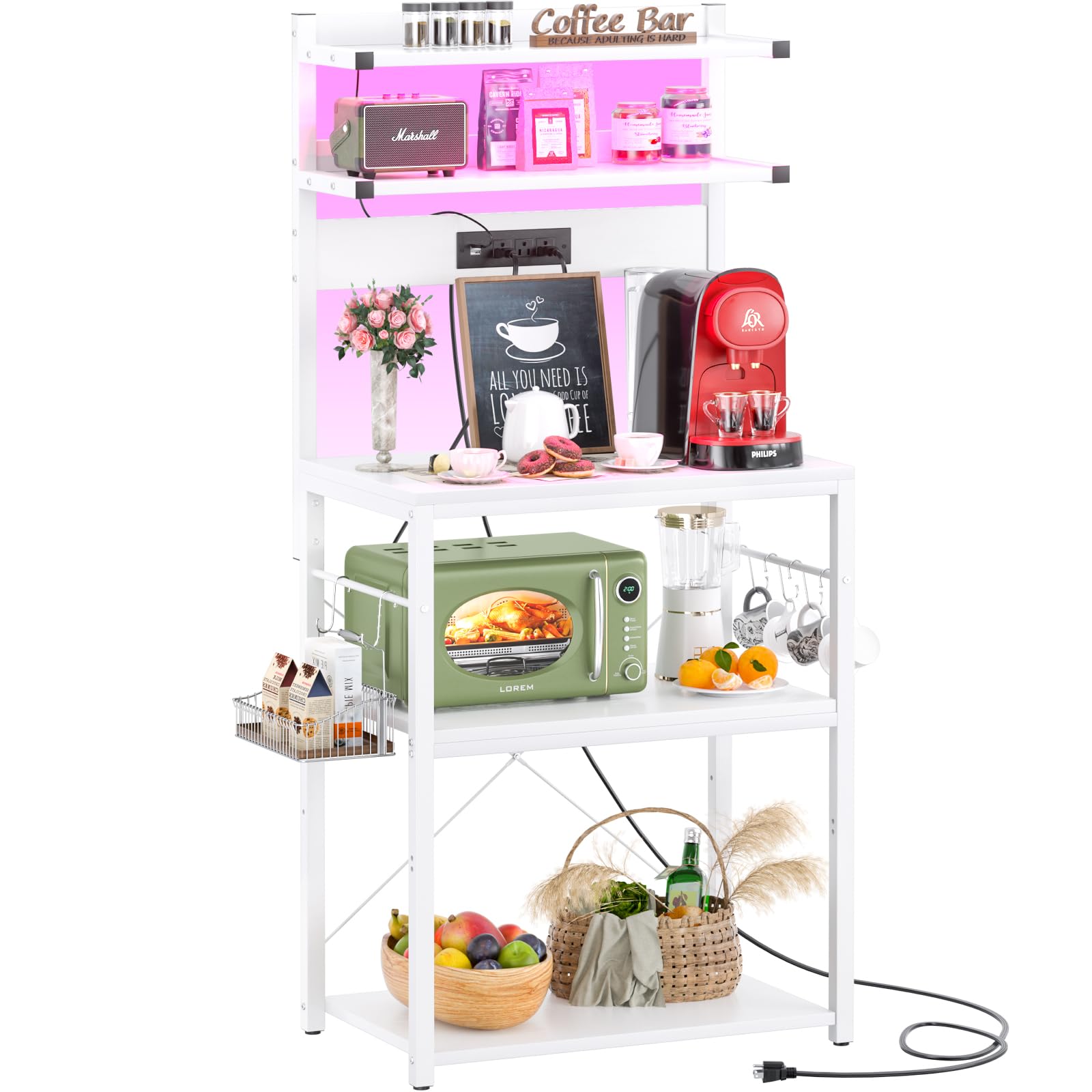 Aheaplus Bakers Rack with Power Outlet, Microwave Stand, 5 Tiers Coffee Bar Station with Led Lights, Kitchen Storage Shelf with 6 S-Shaped Hooks, Kitchen Rack for Spices, Pots and Pans, White