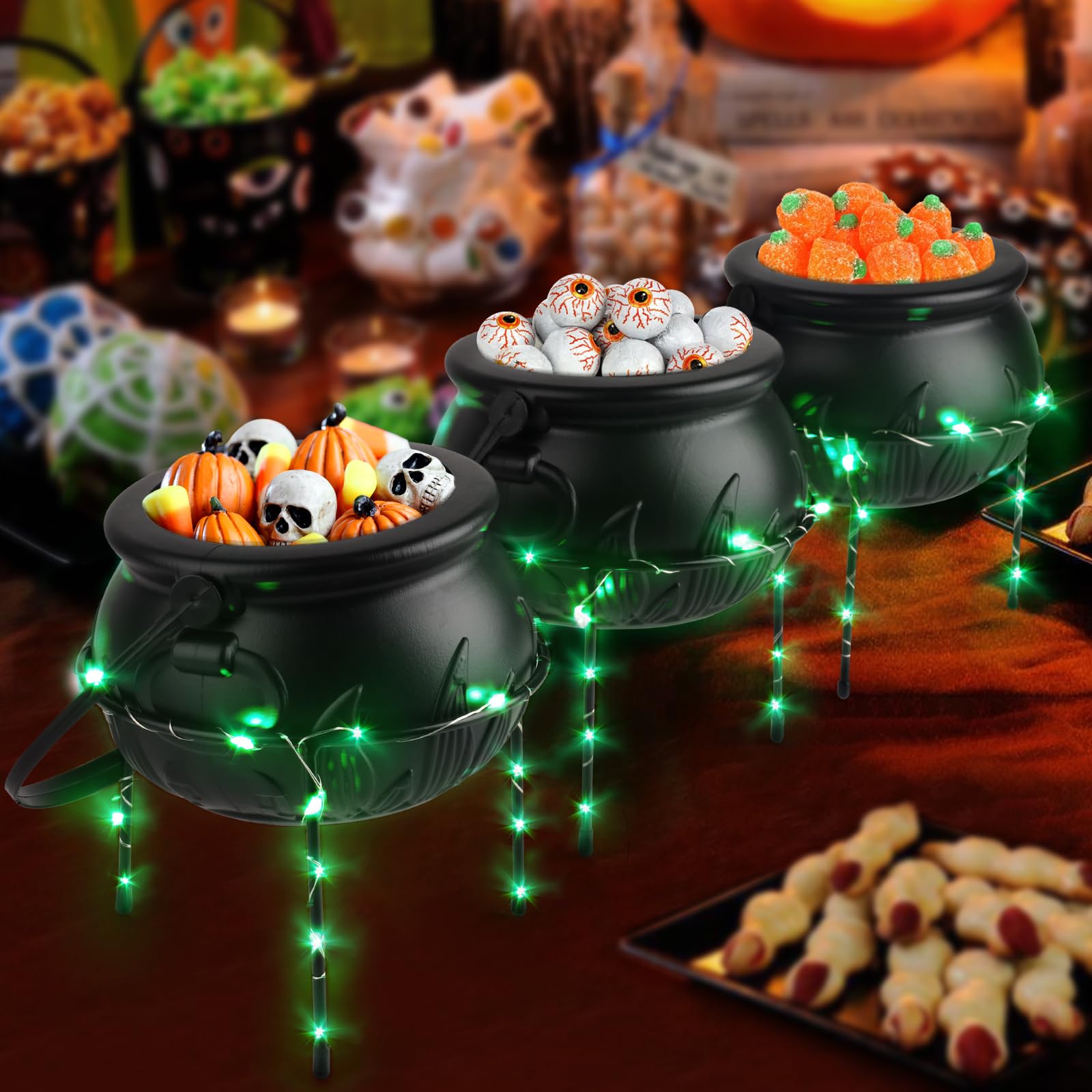 Halloween Decor Witches Cauldron Halloween Candy Bowl Serving Dishes Set of 3 Black Plastic Cauldron with Iron Rack Halloween Cauldron Candy Bucket Punch Bowls for Indoor Outdoor Party Decorations