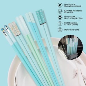 Chopsticks Reusable Dishwasher Safe, GLAMFIELDS 5 Pairs 9.5 Inches Premium Chop Sticks Set for Sushi, Ramen, Asian Cuisine, Matte Non-slip with Gift Case, Light Blue