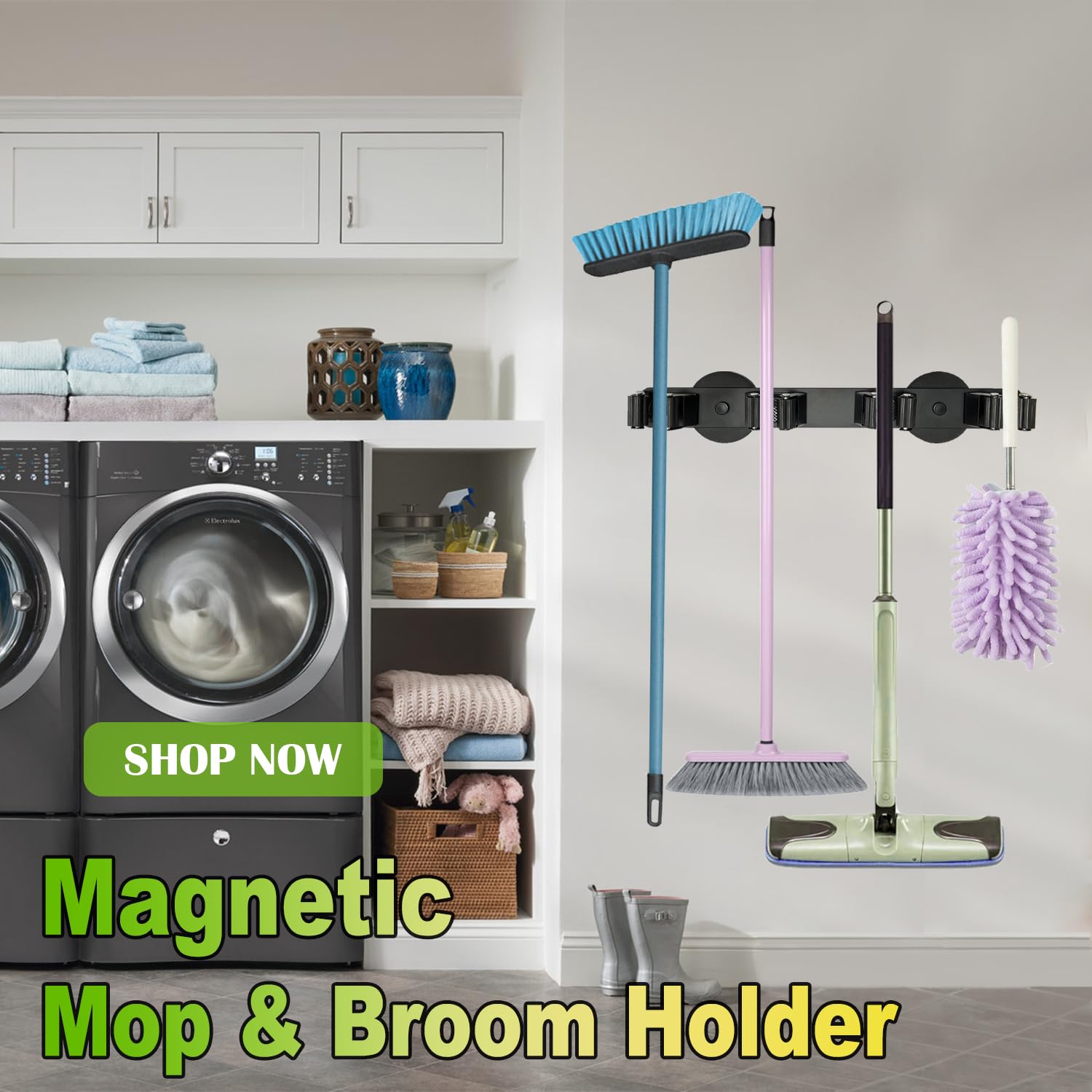 Strong Magnetic Mop Broom Holder, Heavy Duty Magnetic Broom Mop Hanger, Magnetic Wall Mount Broom Holder for Cleaning Tools, Anti-slip Storage Rack for Home Kitchen Workshop Laundry Garage