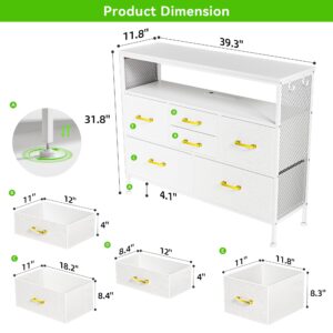 YILQQPER White Dresser for Bedroom Dresser, TV Stand with 6 Drawers, Bedroom Dresser with Power Outlets and LED Light, Fabric Dressers & Chests of Drawers with Shelves, Side Pockets & Hooks for 45" TV