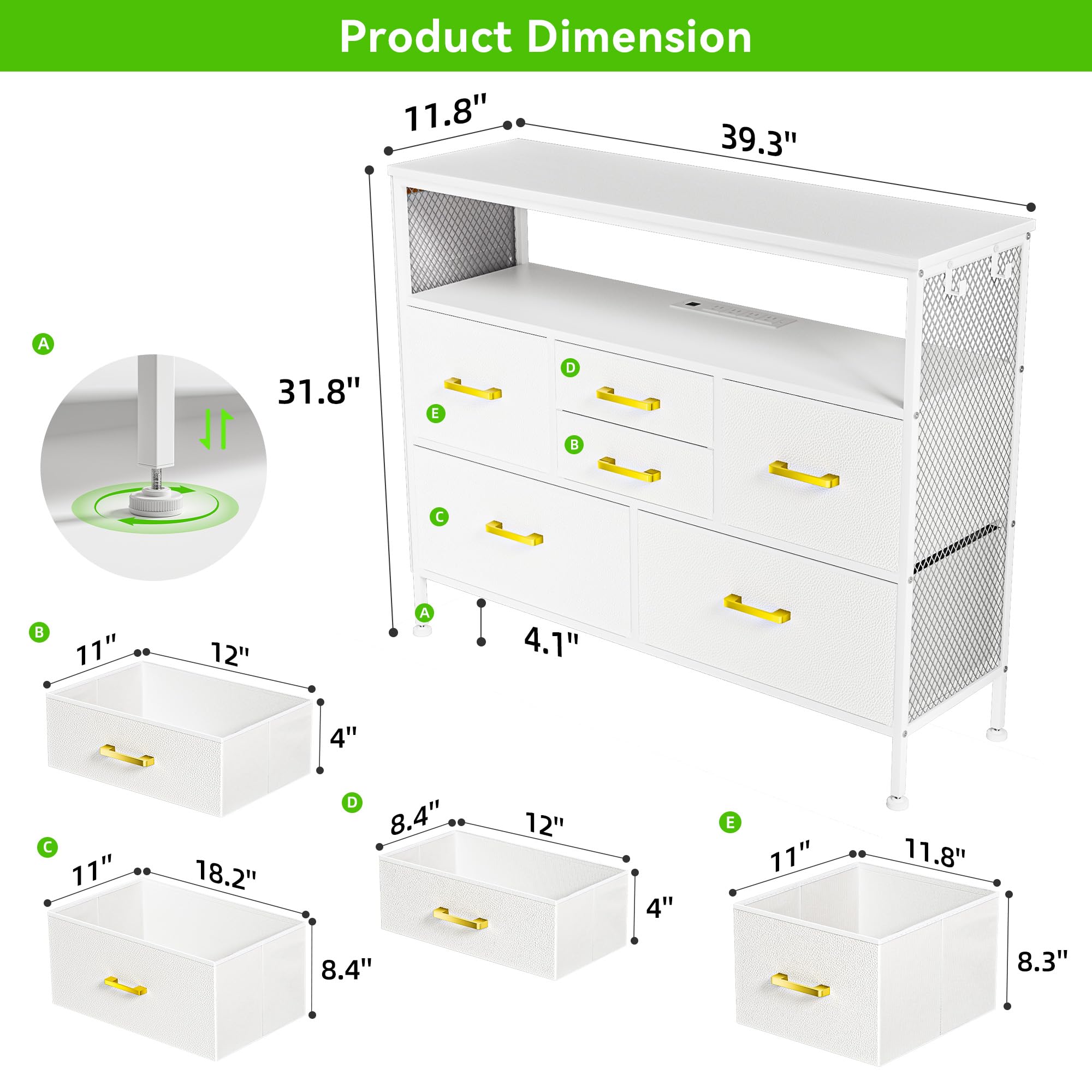 YILQQPER White Dresser for Bedroom Dresser, TV Stand with 6 Drawers, Bedroom Dresser with Power Outlets and LED Light, Fabric Dressers & Chests of Drawers with Shelves, Side Pockets & Hooks for 45" TV