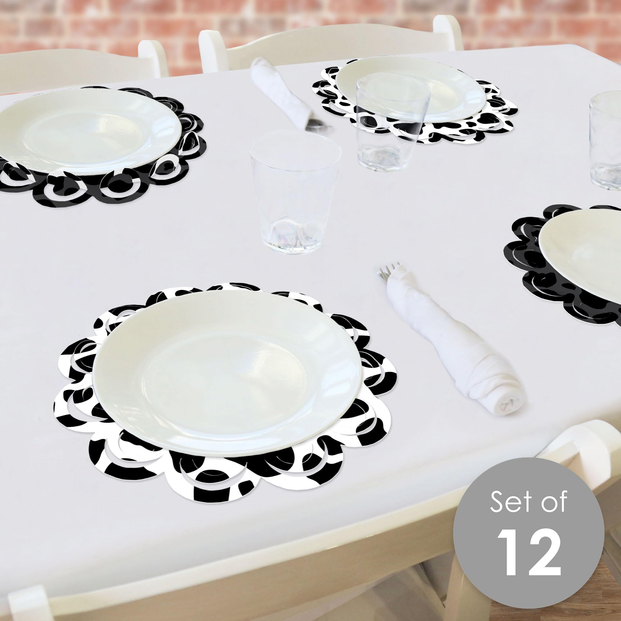 Big Dot of Happiness Cow Print - Farm Animal Party Round Table Decorations - Paper Chargers - Place Setting For 12