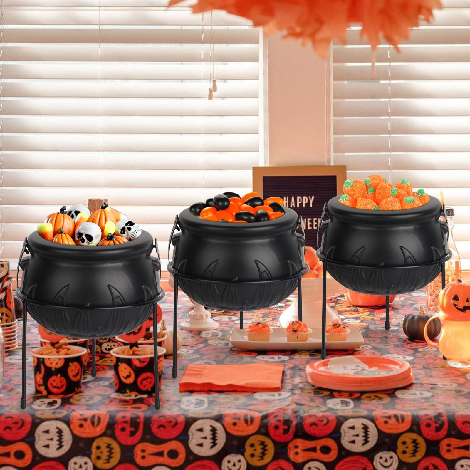 Halloween Decor Witches Cauldron Halloween Candy Bowl Serving Dishes Set of 3 Black Plastic Cauldron with Iron Rack Halloween Cauldron Candy Bucket Punch Bowls for Indoor Outdoor Party Decorations