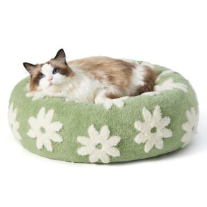 lesure cat beds for indoor cats - round cat bed donut small dog bed calming pet beds, cute modern beds with jacquard shaggy plush & anti slip bottom, 20 inch, green