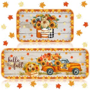 suttmin 2 pieces thanksgiving fall kitchen rugs hello fall mats pumpkin sunflower orange maple leaf mat floor rug for holiday autumn thanksgiving home decor, 17 x 29 inches, 17 x 47 inches