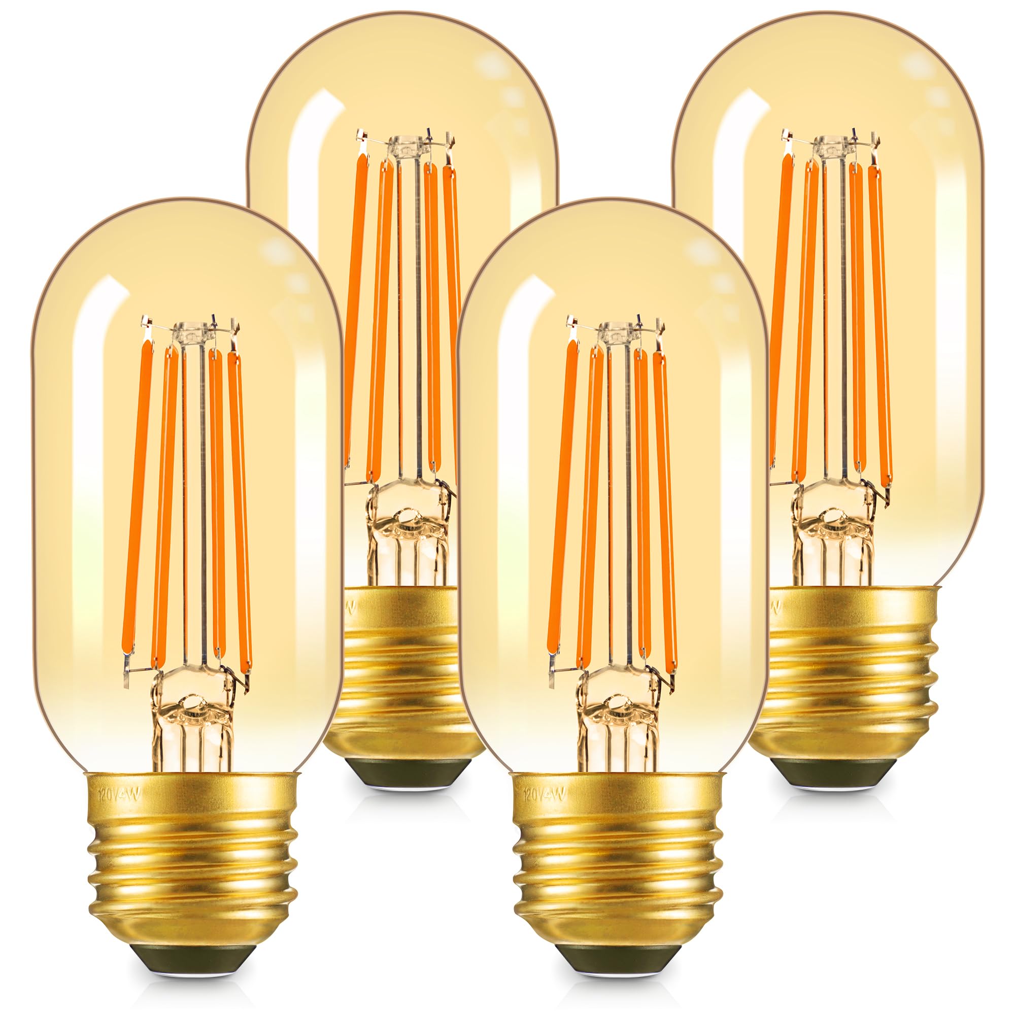 Genixgreen Dimmable E26 LED Bulb 60 Watt Equal 6W Amber Tube Light Bulb, T14/T45 Vintage Filament Edison Bulb for Wall Sconces Ceiling Fan, Pendant Warm White 600Lm,Soft White 2200K,120V 4 Pack