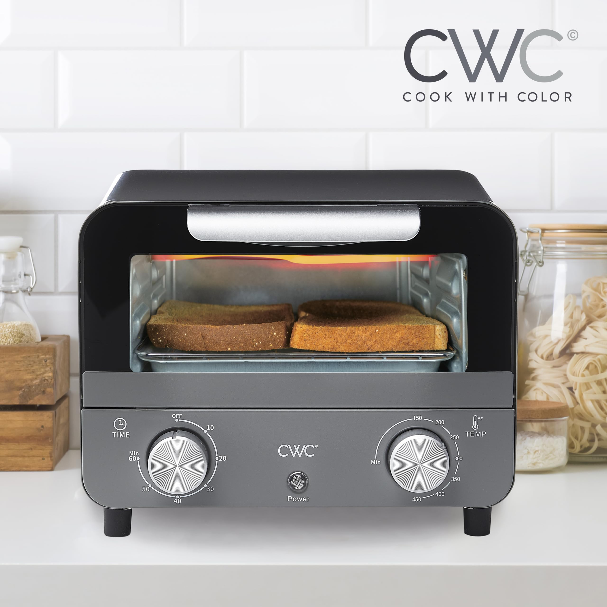 COOK WITH COLOR Mini Toaster Oven: 600W Power, Precision Timer, Auto Shutoff, and Culinary Delights Up To 450 Degrees, Grey