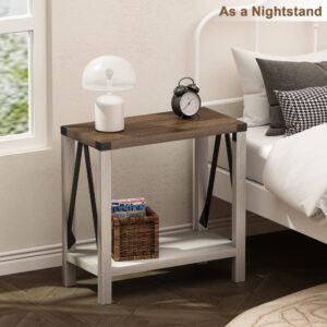 ChooChoo Farmhouse End Table Set of 2, Narrow Side End Table with Storage Shelf, Rustic A-Design Nightstand Sofa Table for Living Room, Bedroom(White&Brown)