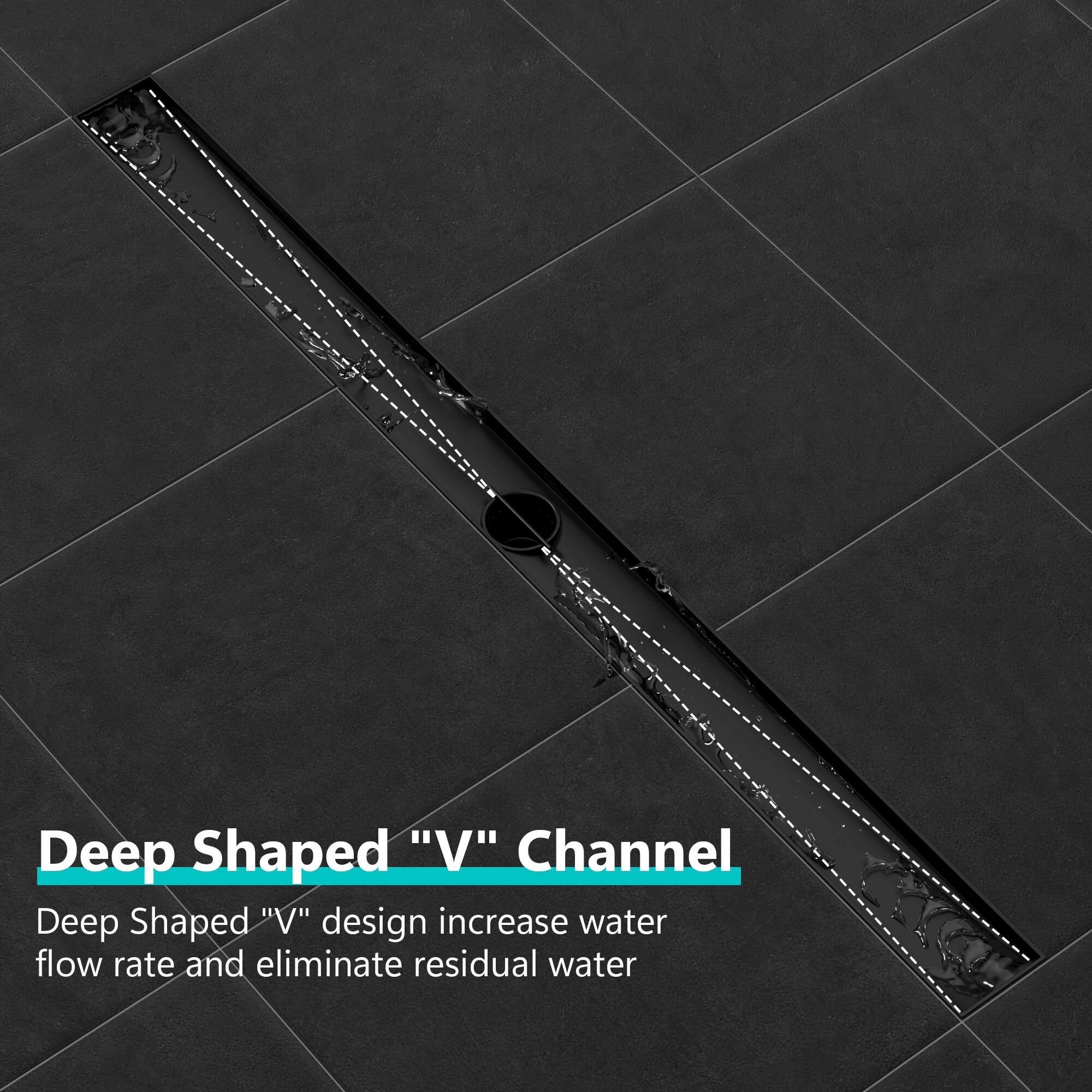 Neodrain 12-Inch Black Linear Shower Drain with Removable Quadrato Pattern Grate,Professional 304 Stainless Steel Rectangle Shower Floor Drain Manufacturer,Leveling Feet,Hair Strainer,Matte Black