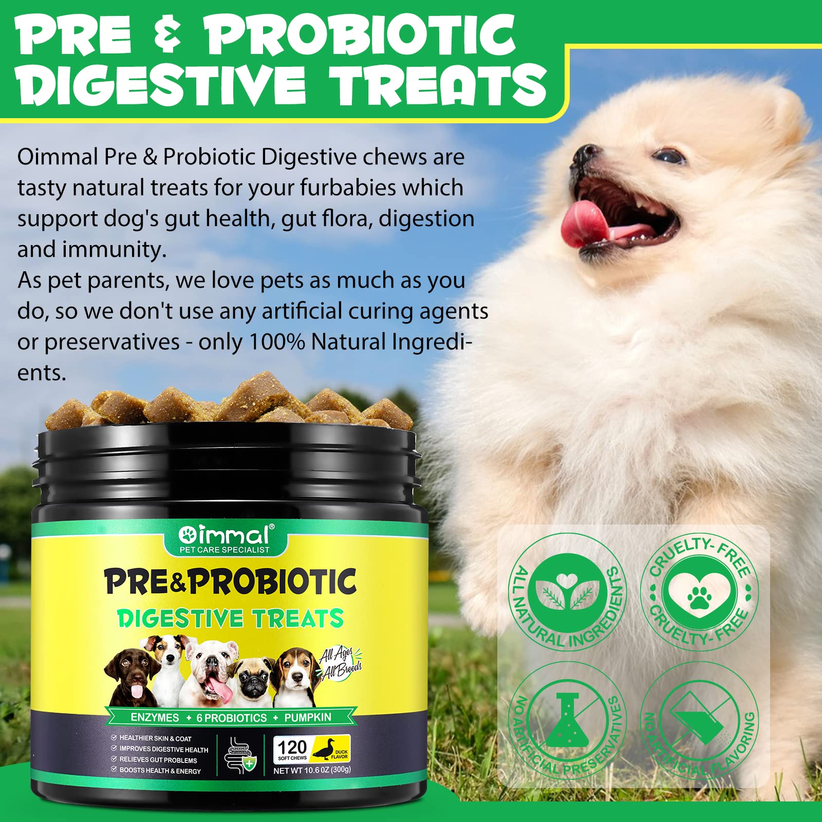 Probiotics for Dogs,Dog Probiotics for Dogs Digestive Enzymes, Gut Health,Itchy Skin, Allergies, Yeast Balance,Immune System and Overall Health Supports,120 Soft Chews,Perking Duck Flavor