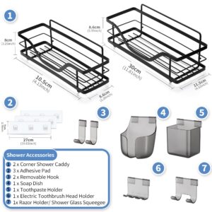 XCPPLV Shower Caddy Adhesive Bathroom, 2 Pack Shower Organizer Stainless Steel, Black Shower Shelves for Inside Shower Rustproof Shower Rack with Hooks for Bathroom, Kitchen, Toilet